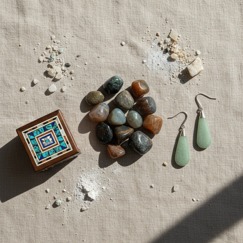 An artful flat-lay composition of finished lapidary art pieces arranged on a textured linen backdrop in a muted sand tone. A cluster of tumbled stones with high-gloss finishes, an inlaid gemstone box with crisp geometric patterns, and a pair of minimalist stone earrings with brushed metal hooks form the core arrangement. Diffused natural daylight from the right creates soft shadows and delicate gradients across the fabric folds. Small mineral fragments and a subtle dusting of fine rock powder add authenticity and tactile richness. The mood is serene and sophisticated, with a neutral, modern color palette. Shot from directly overhead with sharp focus throughout, the photographic style emphasizes balance, harmony, and the refined elegance of handcrafted stone artistry.